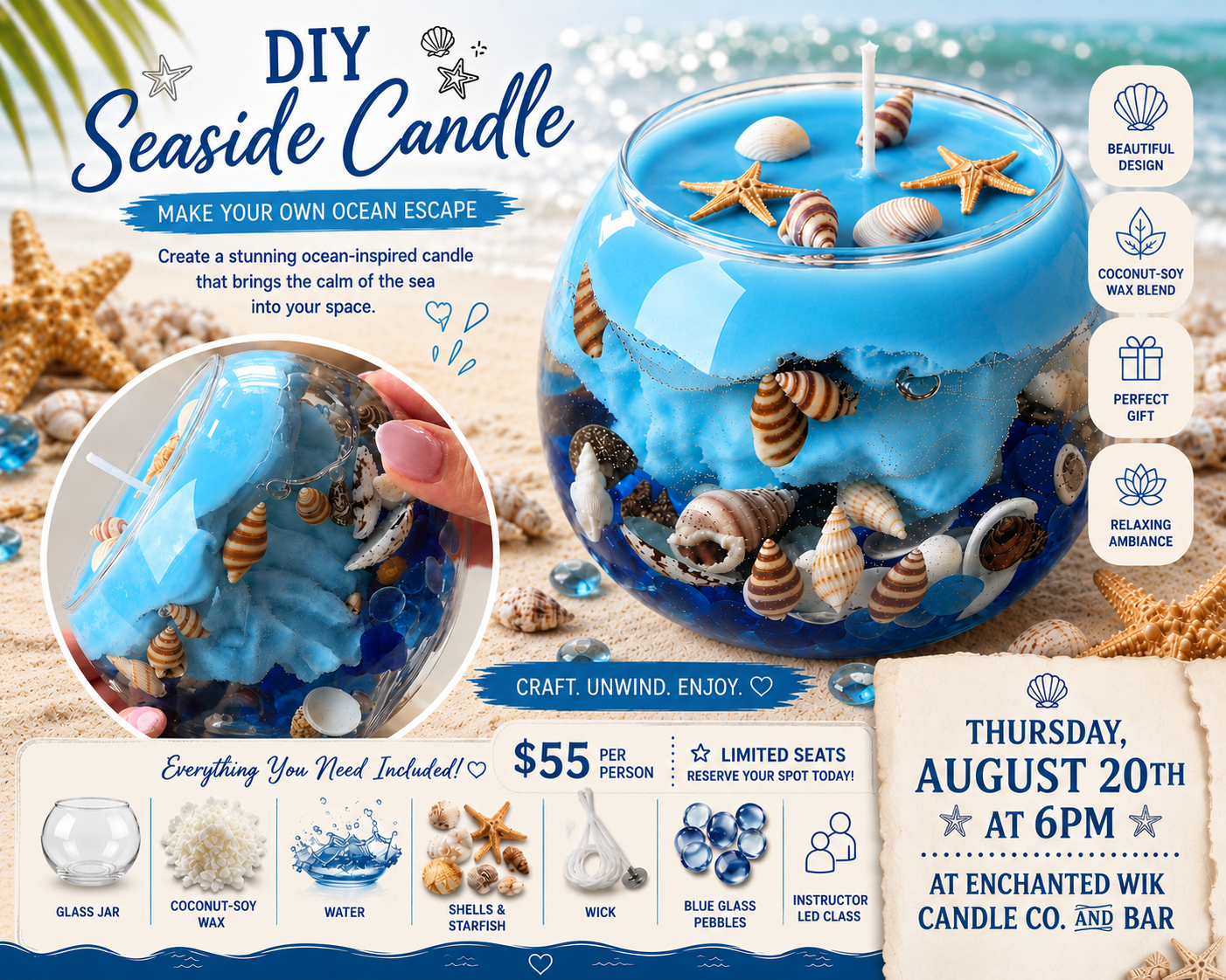 Seaside Candle Craft Night at Enchanted Wik Candle Co. - Thursday, August 20th at 6PM