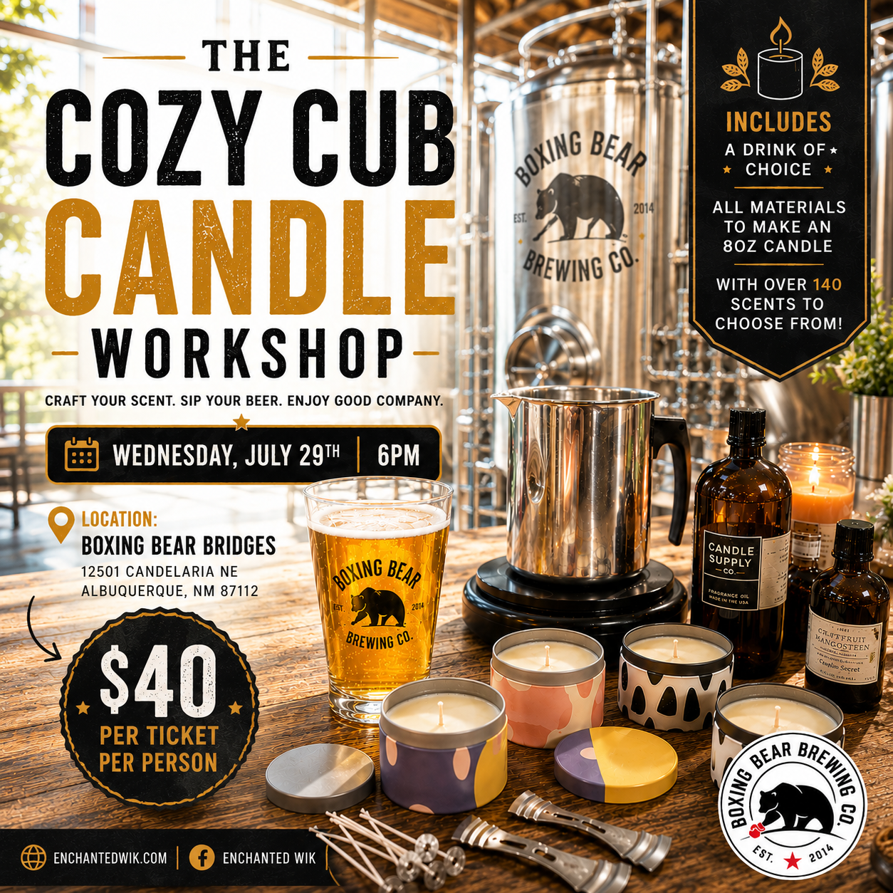 The Cozy Cub Candle Workshop at Boxing bear Brewery, Bridges - Wednesday, July 29th at 6PM